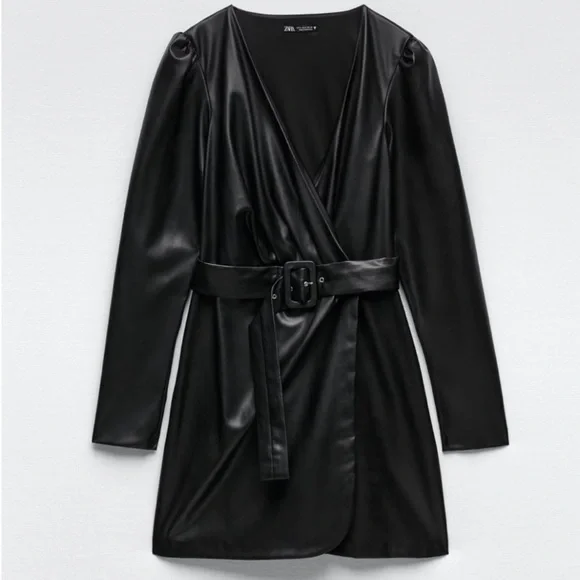 Zara | Dresses | Zara Black Belted Faux Leather Dress | Poshmark
